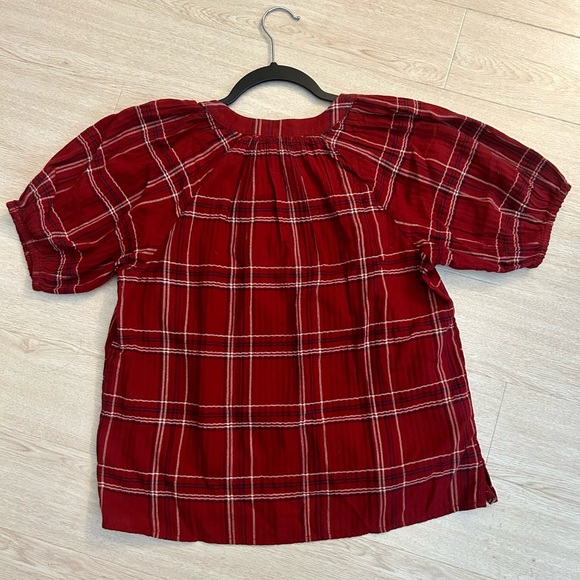LOFT Plaid Tie Neck Puff Sleeve Top - Picture 5 of 8